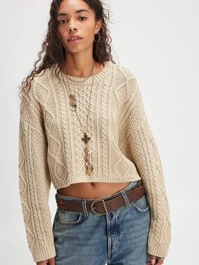 NWT The Denimist Free People Taupe Cable Knit Crew Neck Sweater